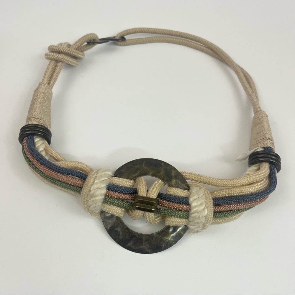 Vintage Ivory Green Pink Blue Braided Rope Gold Bronze Hammered Belt Size M/L